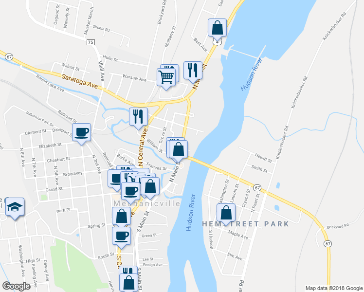 map of restaurants, bars, coffee shops, grocery stores, and more near 119 North Main Street in Mechanicville