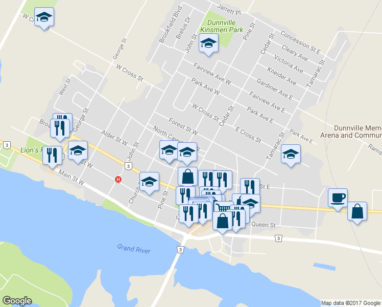 map of restaurants, bars, coffee shops, grocery stores, and more near 122 South Cayuga Street West in Haldimand County