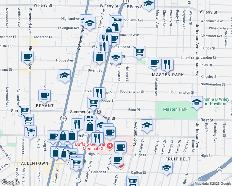 map of restaurants, bars, coffee shops, grocery stores, and more near Ellicott St & Coe Pl in Buffalo