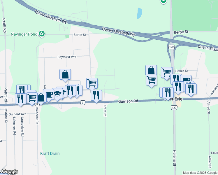 map of restaurants, bars, coffee shops, grocery stores, and more near 914 Garrison Road in Fort Erie