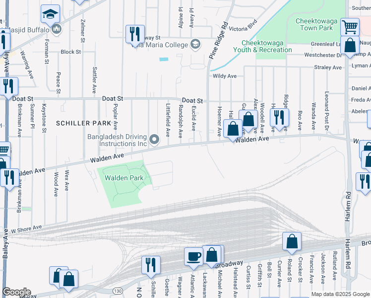 map of restaurants, bars, coffee shops, grocery stores, and more near 1019 Walden Avenue in Buffalo