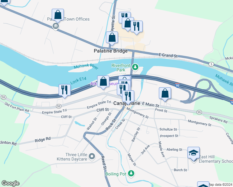 map of restaurants, bars, coffee shops, grocery stores, and more near in Canajoharie