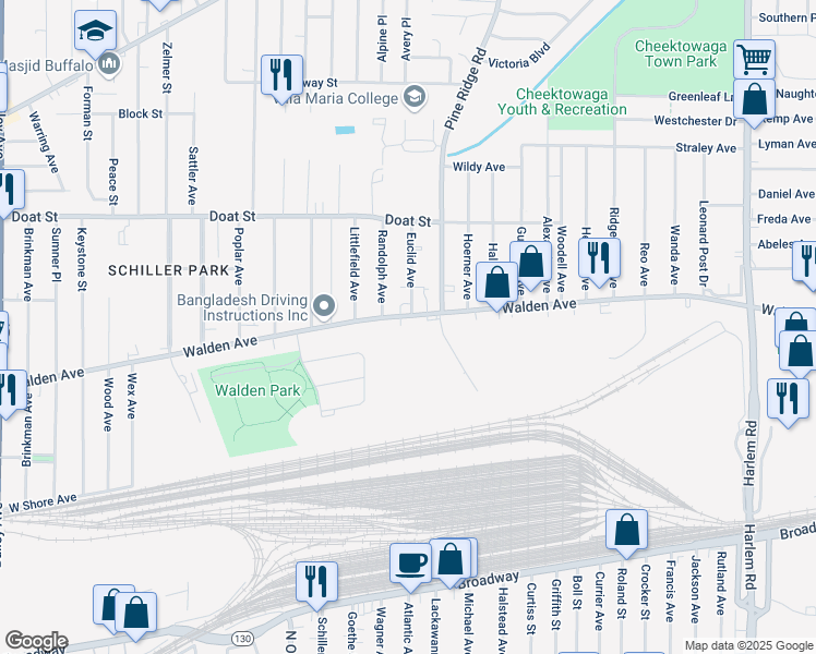 map of restaurants, bars, coffee shops, grocery stores, and more near 1019 Walden Avenue in Buffalo