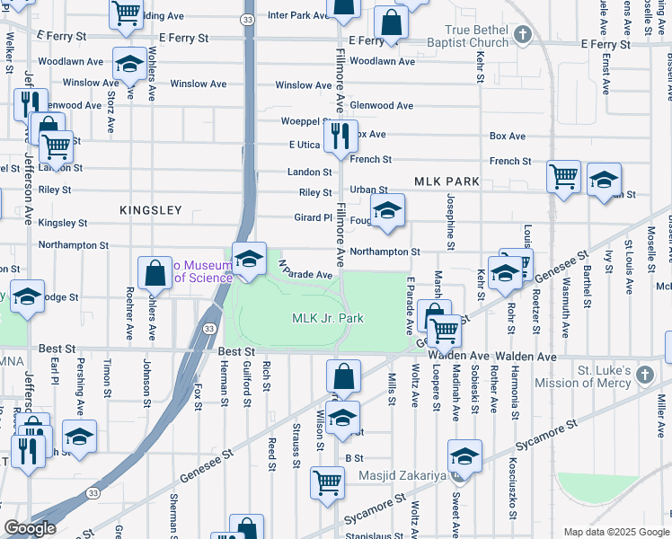 map of restaurants, bars, coffee shops, grocery stores, and more near 72 North Parade Avenue in Buffalo
