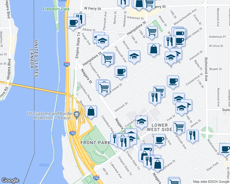 map of restaurants, bars, coffee shops, grocery stores, and more near 703 Prospect Avenue in Buffalo