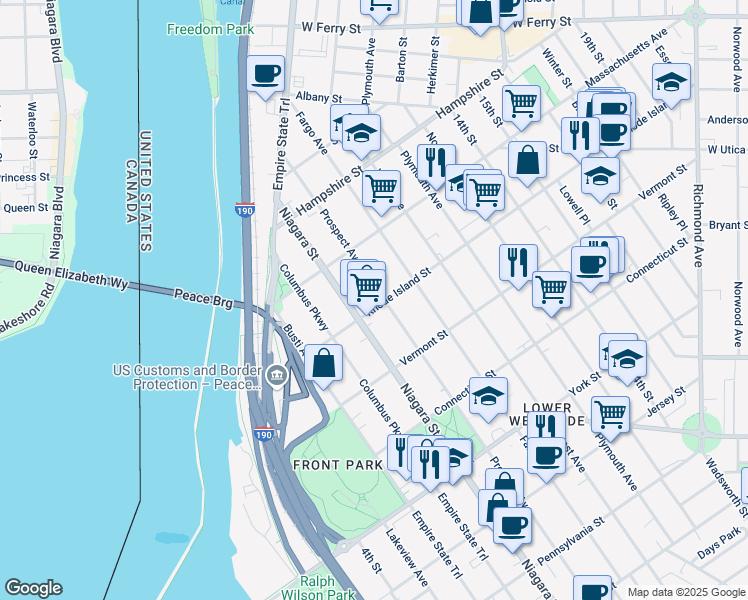 map of restaurants, bars, coffee shops, grocery stores, and more near 728 Prospect Avenue in Buffalo