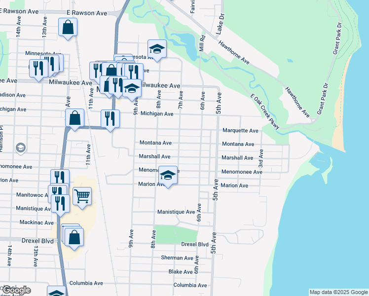 map of restaurants, bars, coffee shops, grocery stores, and more near 629 Marshall Avenue in South Milwaukee