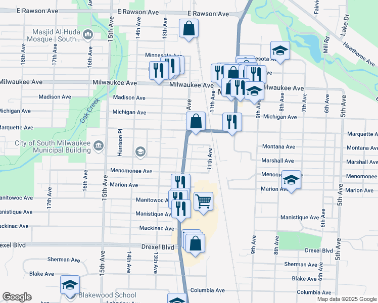 map of restaurants, bars, coffee shops, grocery stores, and more near 1113 Marshall Avenue in South Milwaukee