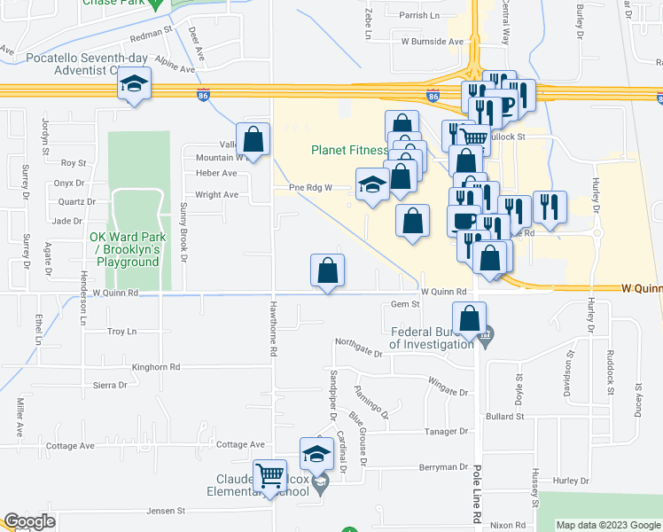 map of restaurants, bars, coffee shops, grocery stores, and more near 1052 West Quinn Road in Chubbuck