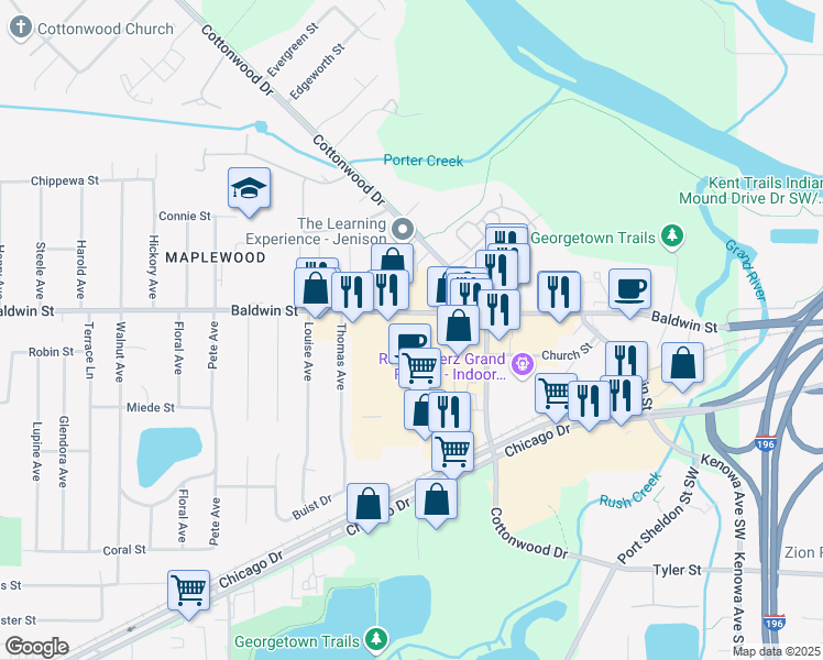 map of restaurants, bars, coffee shops, grocery stores, and more near 530 Baldwin Street in Georgetown Township