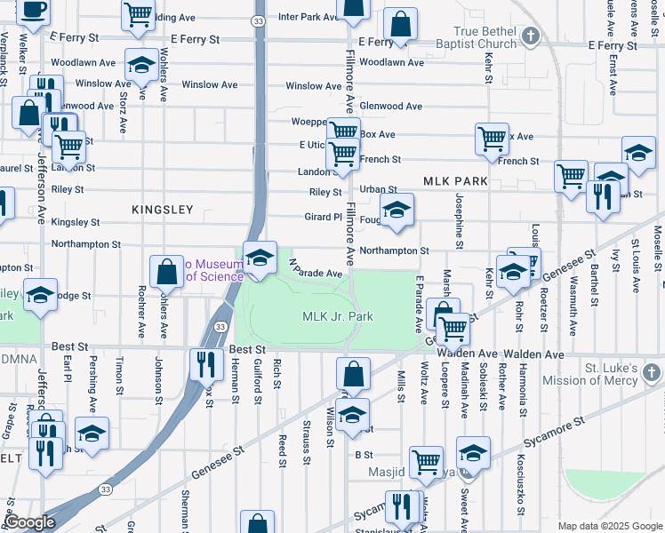 map of restaurants, bars, coffee shops, grocery stores, and more near 72 North Parade Avenue in Buffalo