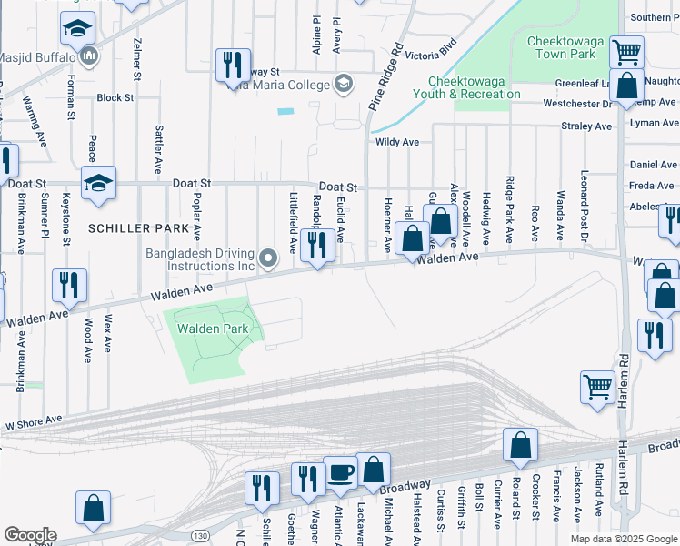 map of restaurants, bars, coffee shops, grocery stores, and more near 1039 Walden Avenue in Buffalo
