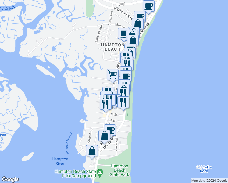 map of restaurants, bars, coffee shops, grocery stores, and more near in Hampton