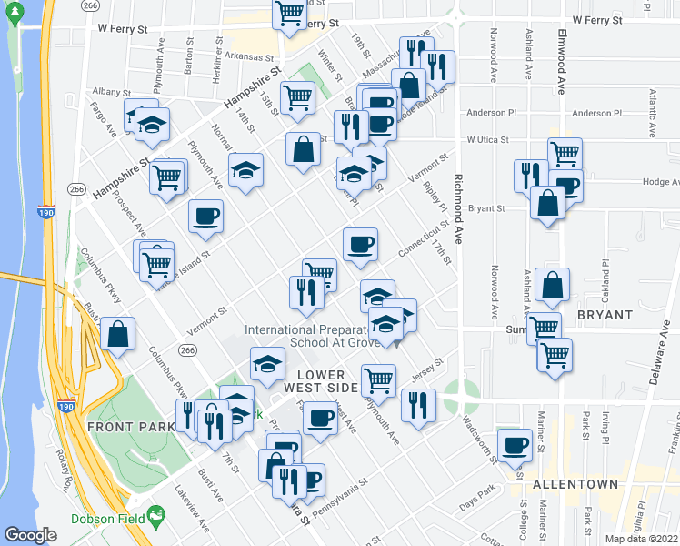 map of restaurants, bars, coffee shops, grocery stores, and more near 356 Connecticut Street in Buffalo