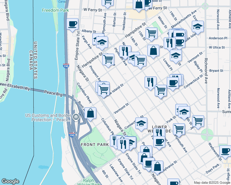 map of restaurants, bars, coffee shops, grocery stores, and more near 703 Prospect Avenue in Buffalo