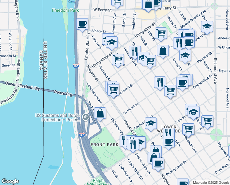 map of restaurants, bars, coffee shops, grocery stores, and more near 728 Prospect Avenue in Buffalo