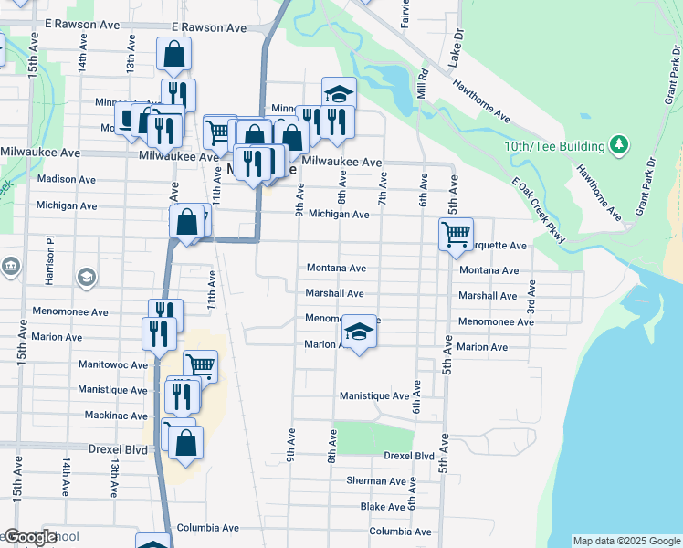 map of restaurants, bars, coffee shops, grocery stores, and more near 721 Marshall Avenue in South Milwaukee