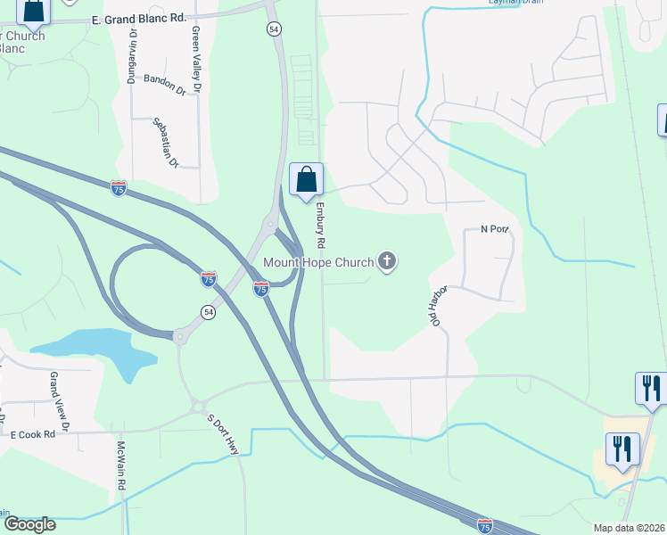 map of restaurants, bars, coffee shops, grocery stores, and more near 8363 Embury Road in Grand Blanc