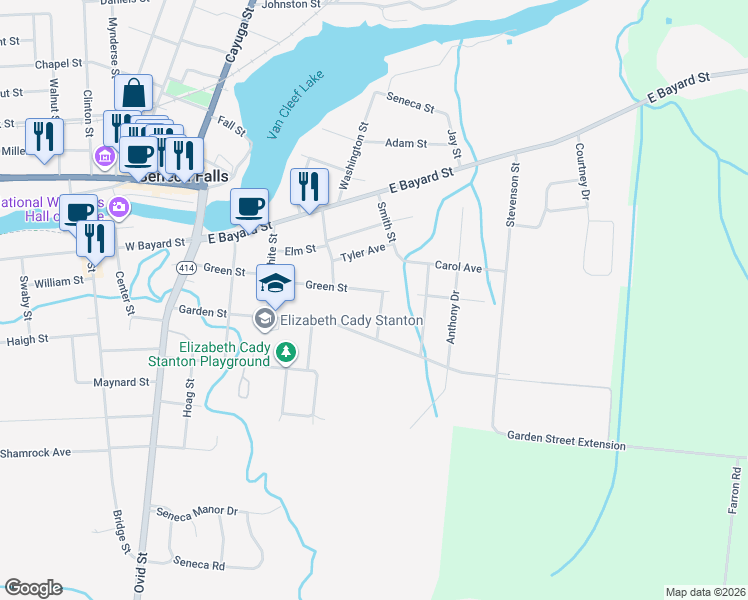 map of restaurants, bars, coffee shops, grocery stores, and more near 11 Montgomery Street in Seneca Falls