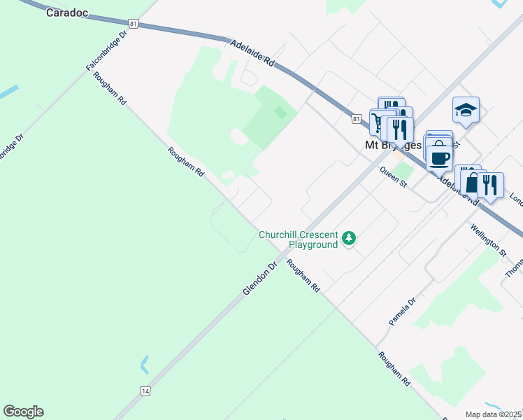 map of restaurants, bars, coffee shops, grocery stores, and more near 8514 Glendon Drive in Mount Brydges