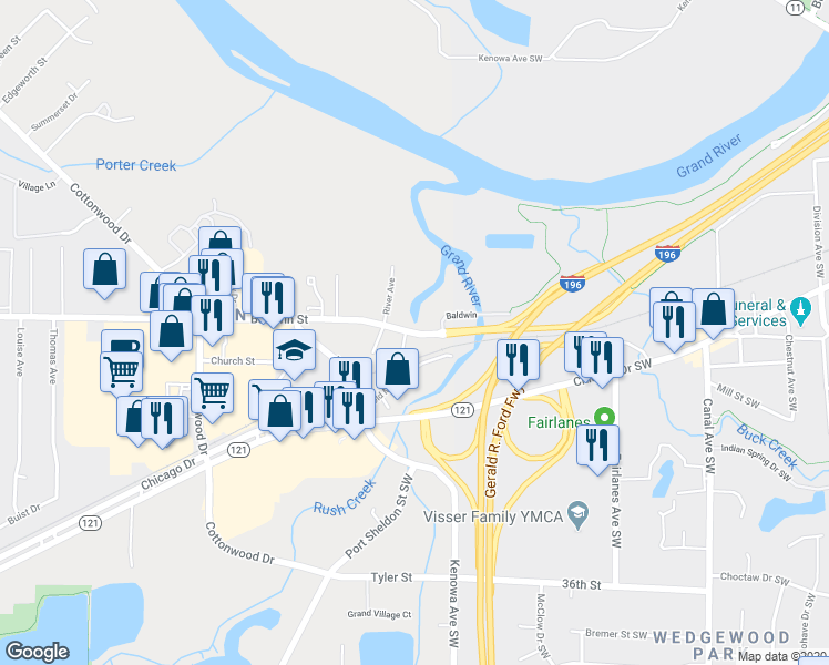 map of restaurants, bars, coffee shops, grocery stores, and more near 75 Baldwin Street in Georgetown Township