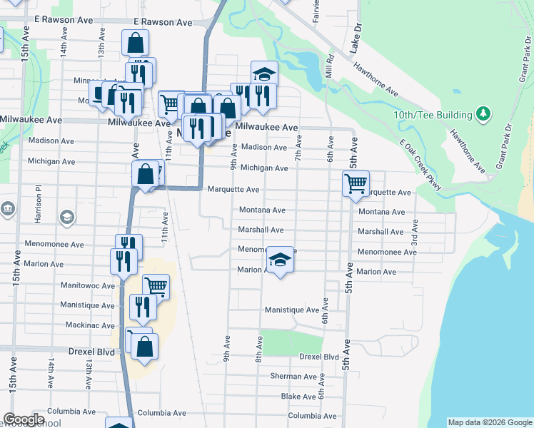 map of restaurants, bars, coffee shops, grocery stores, and more near 723 Marquette Avenue in South Milwaukee