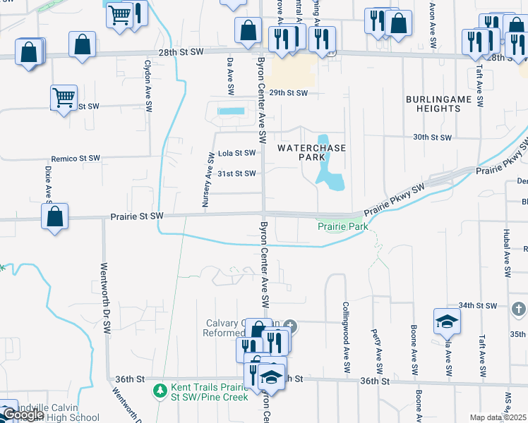 map of restaurants, bars, coffee shops, grocery stores, and more near Byron Center Ave SW & Prairie Pkwy SW in Wyoming