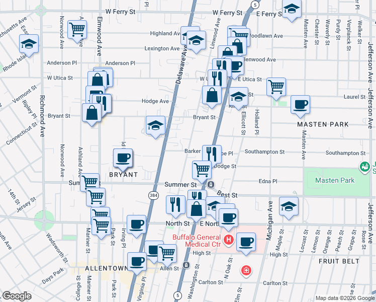 map of restaurants, bars, coffee shops, grocery stores, and more near Linwood Ave & Barker St in Buffalo