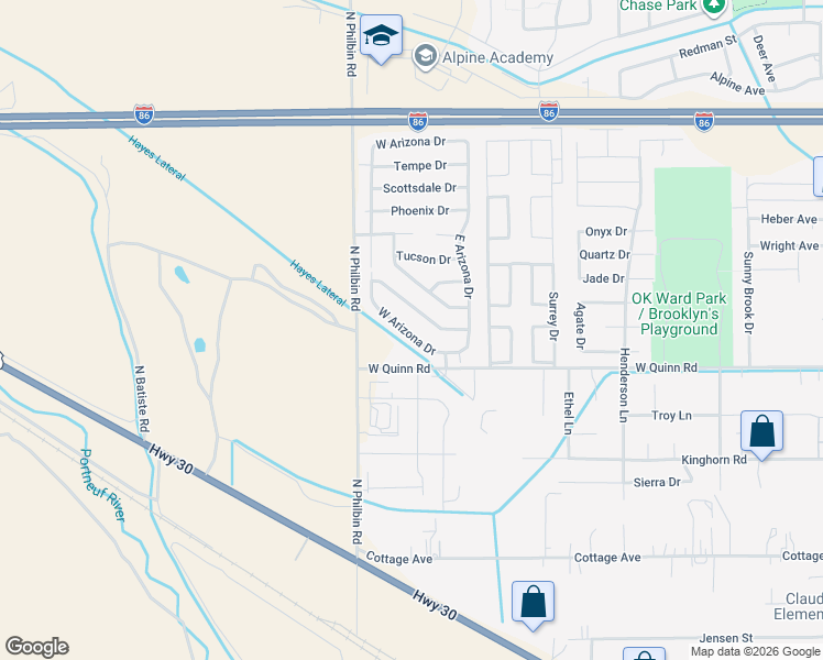 map of restaurants, bars, coffee shops, grocery stores, and more near 136 West Arizona Drive in Pocatello