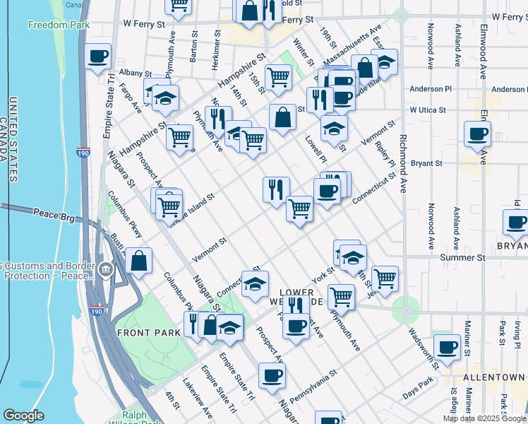 map of restaurants, bars, coffee shops, grocery stores, and more near Plymouth Avenue in Buffalo