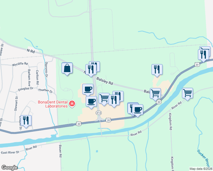 map of restaurants, bars, coffee shops, grocery stores, and more near 1950 Balsley Road in Waterloo