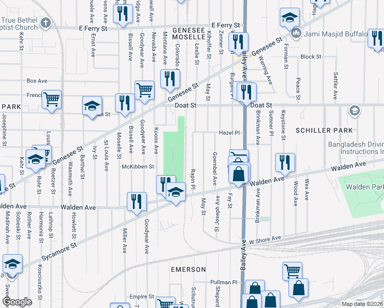 map of restaurants, bars, coffee shops, grocery stores, and more near 254 May Street in Buffalo