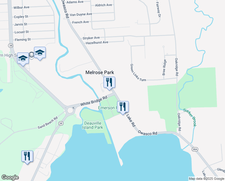 map of restaurants, bars, coffee shops, grocery stores, and more near 7105 Owasco Road in Auburn