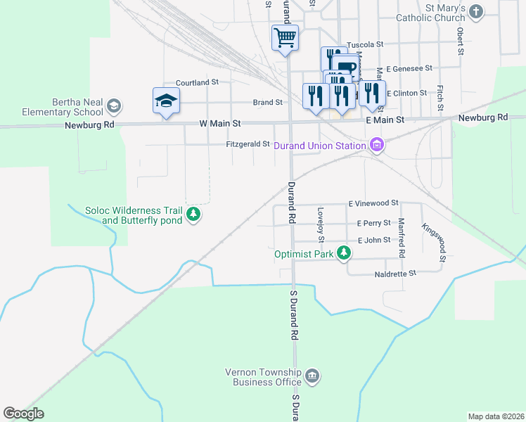 map of restaurants, bars, coffee shops, grocery stores, and more near 100-198 Maple Street in Durand