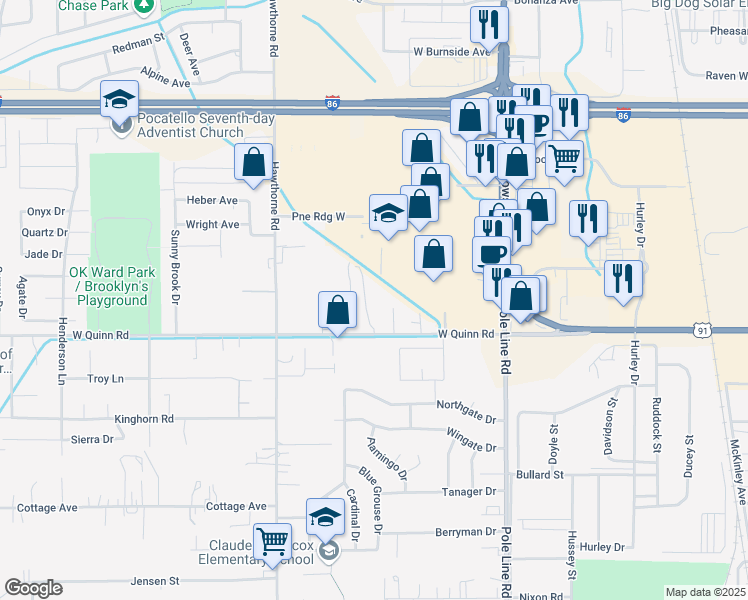 map of restaurants, bars, coffee shops, grocery stores, and more near 1020 West Quinn Road in Pocatello