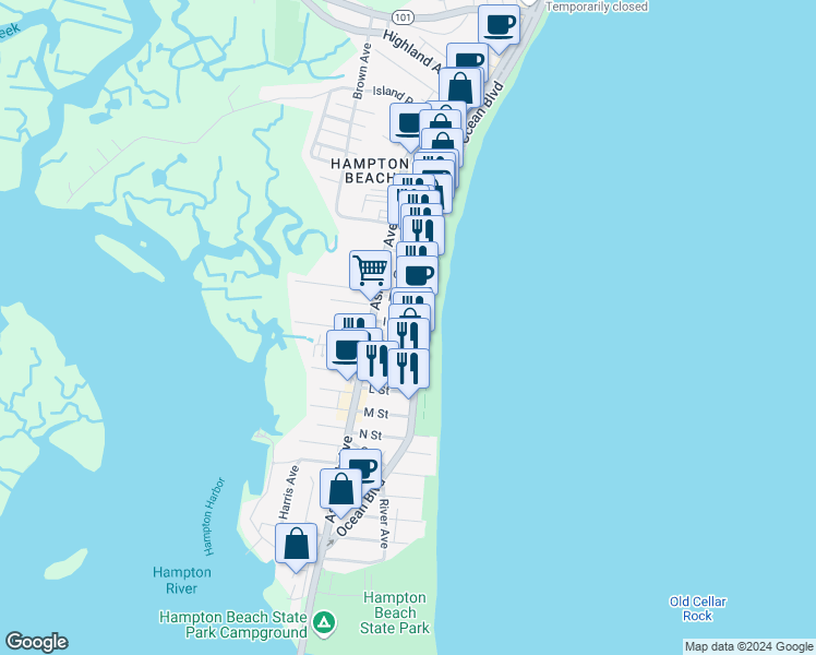 map of restaurants, bars, coffee shops, grocery stores, and more near 35 H Street in Hampton