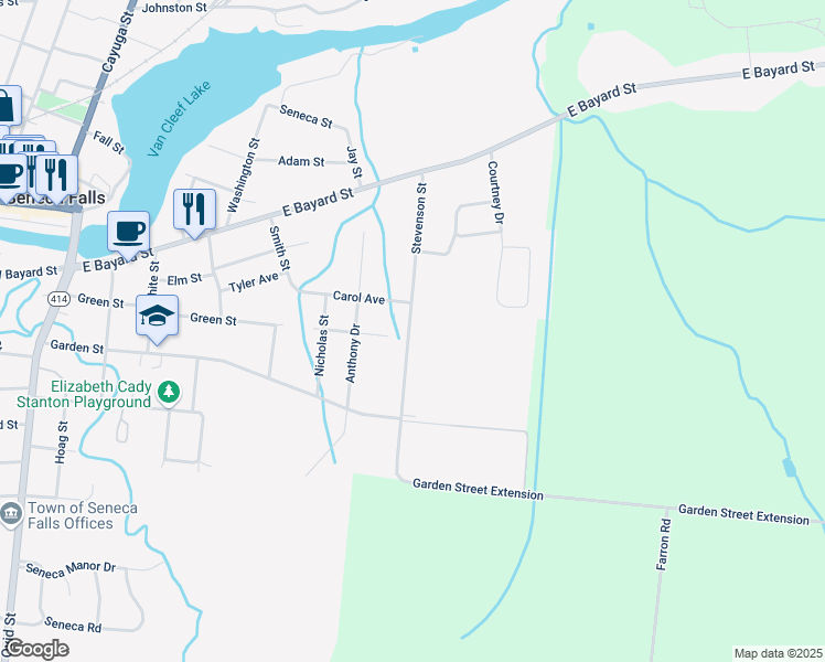 map of restaurants, bars, coffee shops, grocery stores, and more near 31 Stevenson Street in Seneca Falls