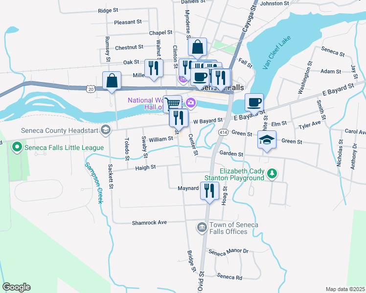 map of restaurants, bars, coffee shops, grocery stores, and more near 16 Center Street in Seneca Falls