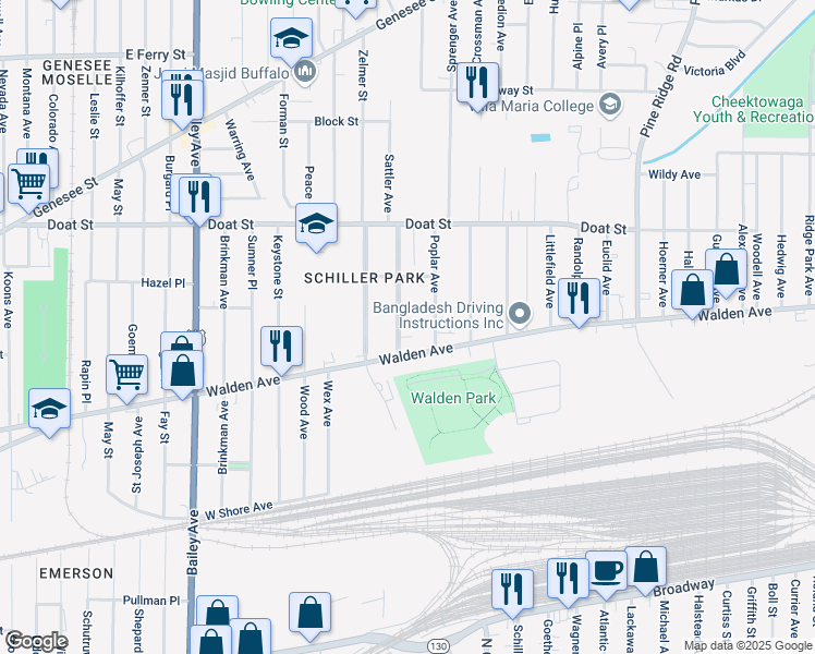 map of restaurants, bars, coffee shops, grocery stores, and more near 53 Academy Road in Buffalo