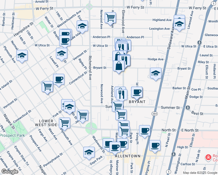 map of restaurants, bars, coffee shops, grocery stores, and more near 96 Ashland Avenue in Buffalo