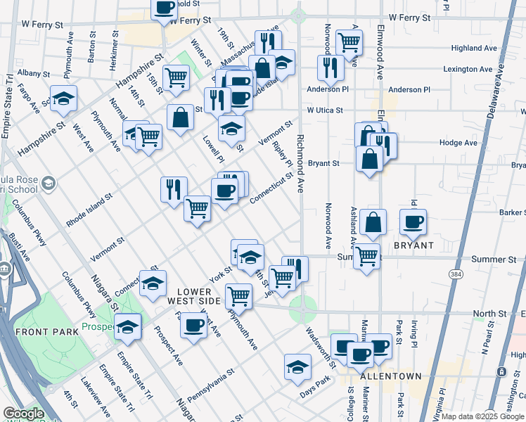 map of restaurants, bars, coffee shops, grocery stores, and more near 454 Connecticut Street in Buffalo