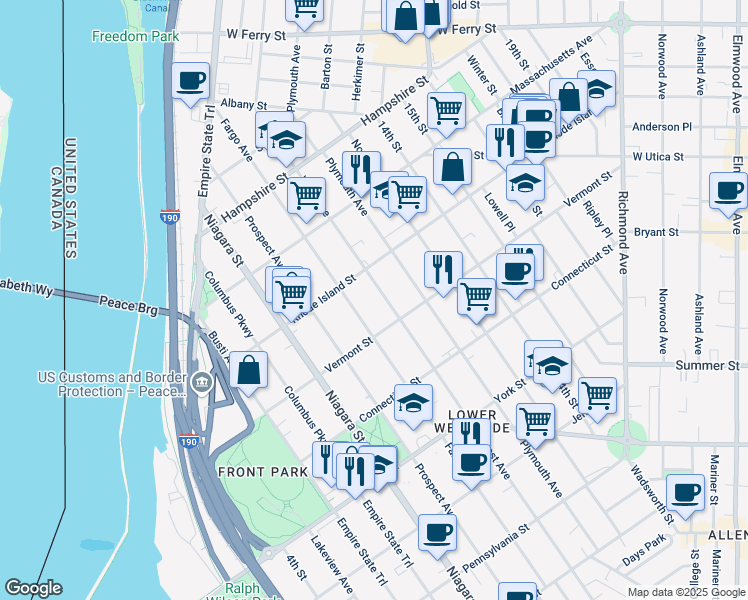 map of restaurants, bars, coffee shops, grocery stores, and more near 589 West Avenue in Buffalo