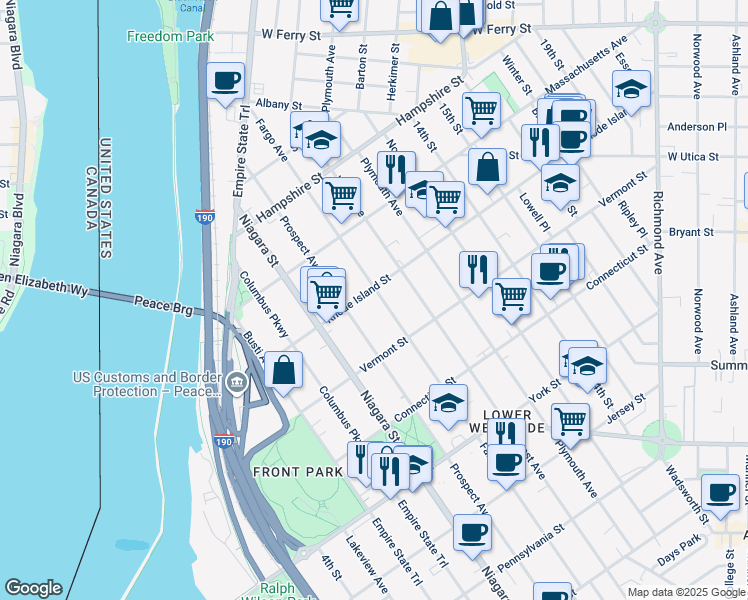 map of restaurants, bars, coffee shops, grocery stores, and more near 164 Rhode Island Street in Buffalo