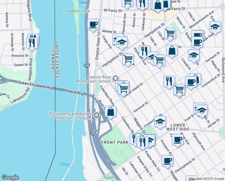 map of restaurants, bars, coffee shops, grocery stores, and more near 52 Massachusetts Avenue in Buffalo