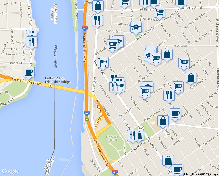 map of restaurants, bars, coffee shops, grocery stores, and more near 52 Massachusetts Avenue in Buffalo