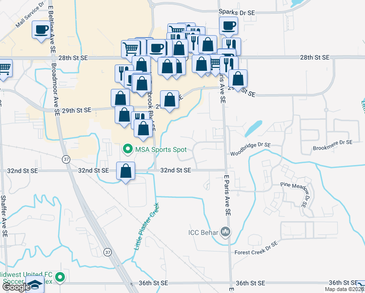 map of restaurants, bars, coffee shops, grocery stores, and more near 3113 Riviera Drive Southeast in Kentwood