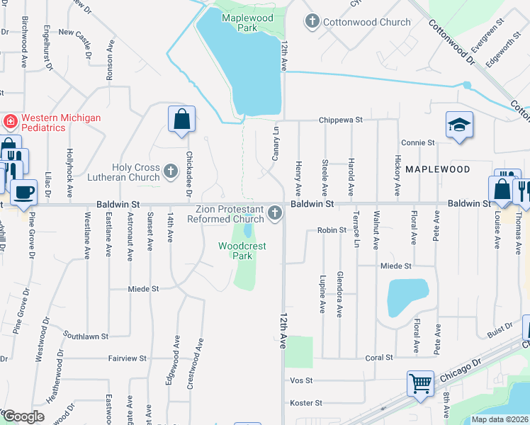 map of restaurants, bars, coffee shops, grocery stores, and more near 1249 Baldwin Street in Georgetown Township