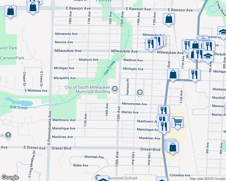 map of restaurants, bars, coffee shops, grocery stores, and more near 1521 Marquette Avenue in South Milwaukee