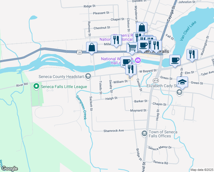 map of restaurants, bars, coffee shops, grocery stores, and more near 14 Swaby Street in Seneca Falls