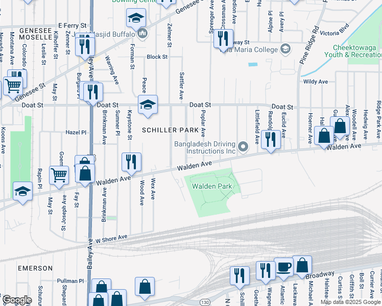 map of restaurants, bars, coffee shops, grocery stores, and more near 53 Academy Road in Buffalo